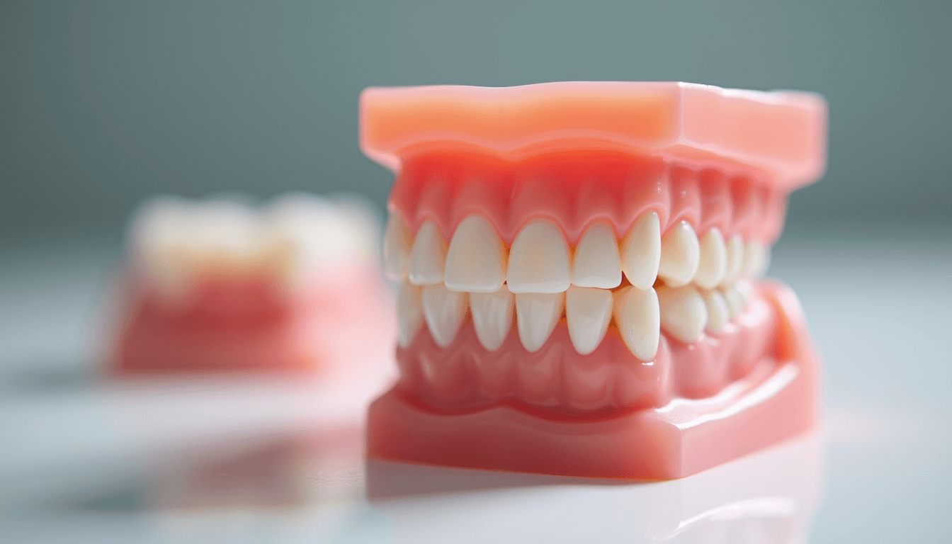 Close-up view of a dental model showing porcelain veneers and composite bonding on front teeth
