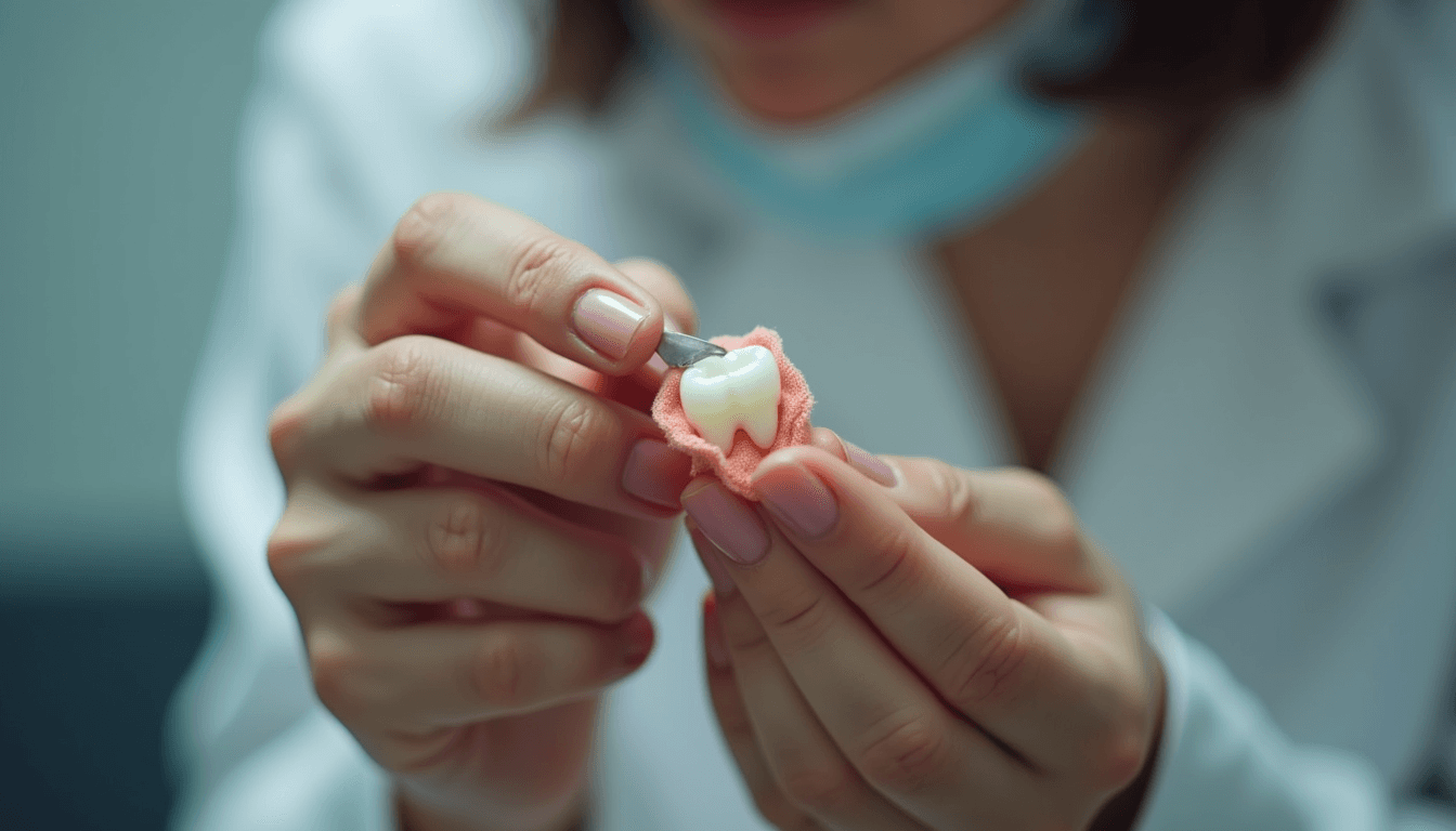 Close-up view of a knocked-out tooth being held carefully