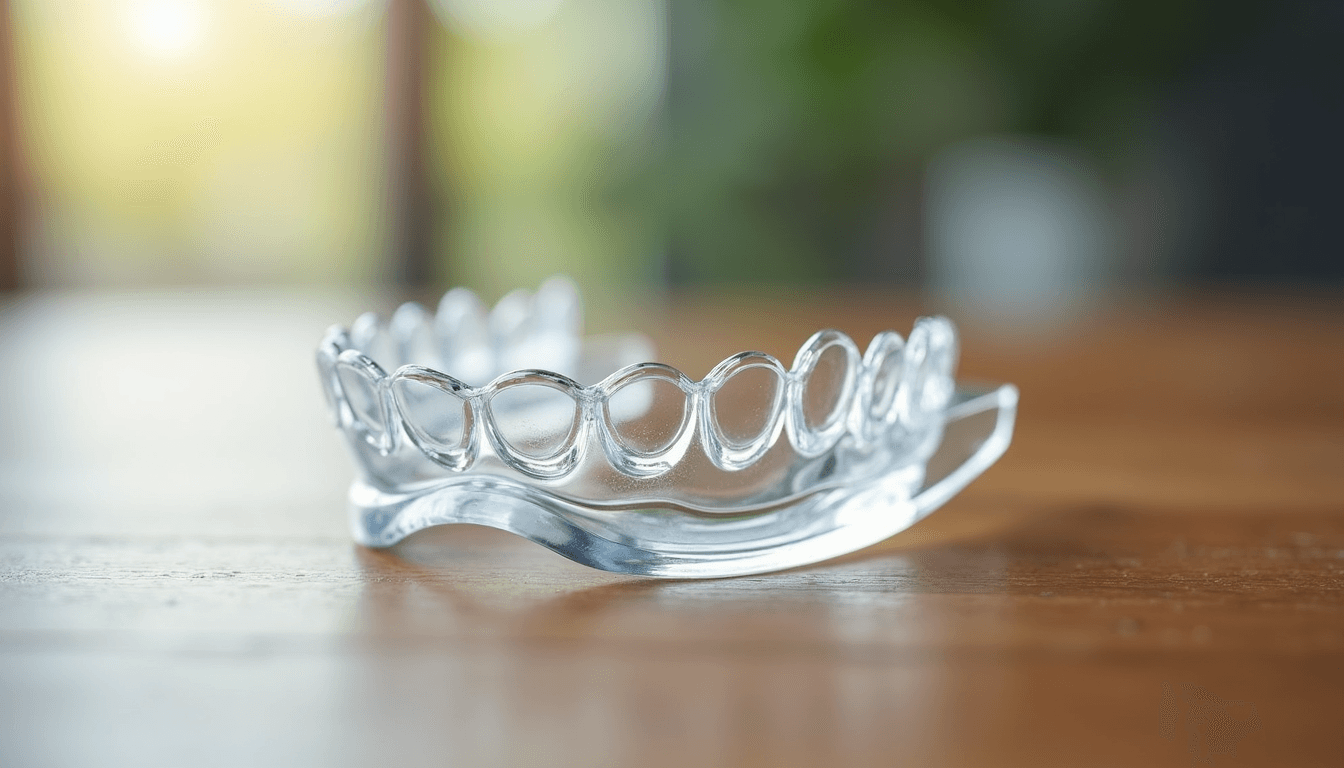 Close-up view of a clear Invisalign aligner resting on a wooden surface