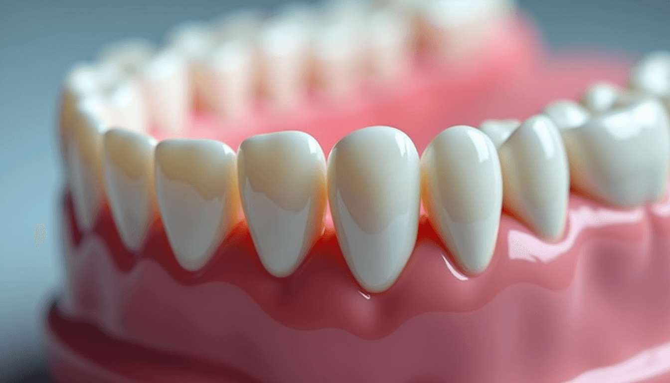 Close-up view of dental crowns and bridges fitted on upper jaw