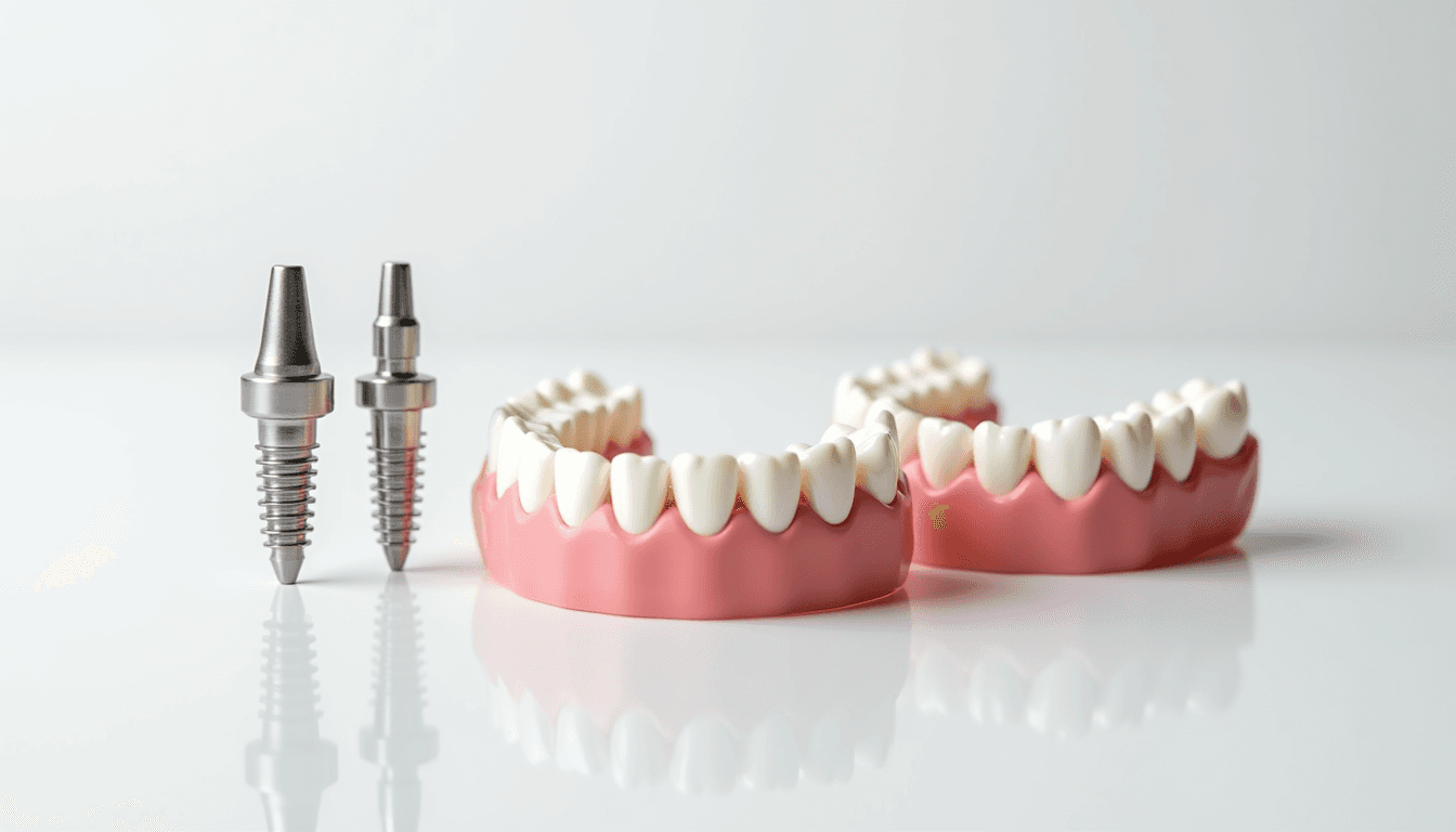 Close-up view of dental implants and dentures side by side on a white surface